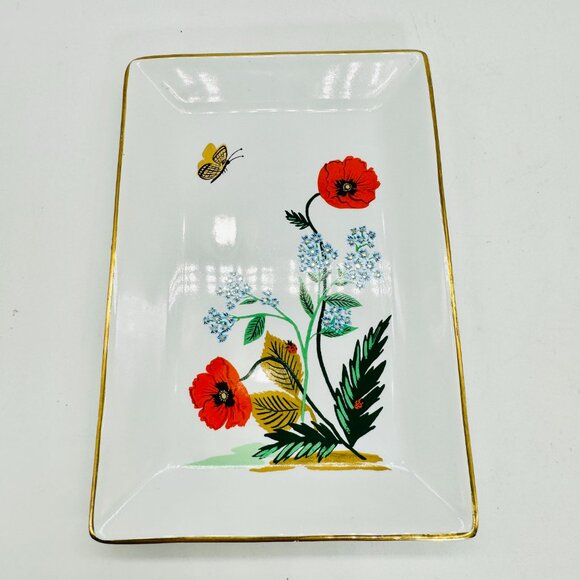 Rifle Paper Co Poppy Botanical Ceramic Catchall Tray/Dish Gold Rim 6.5 x 4.5 in - Picture 6 of 12